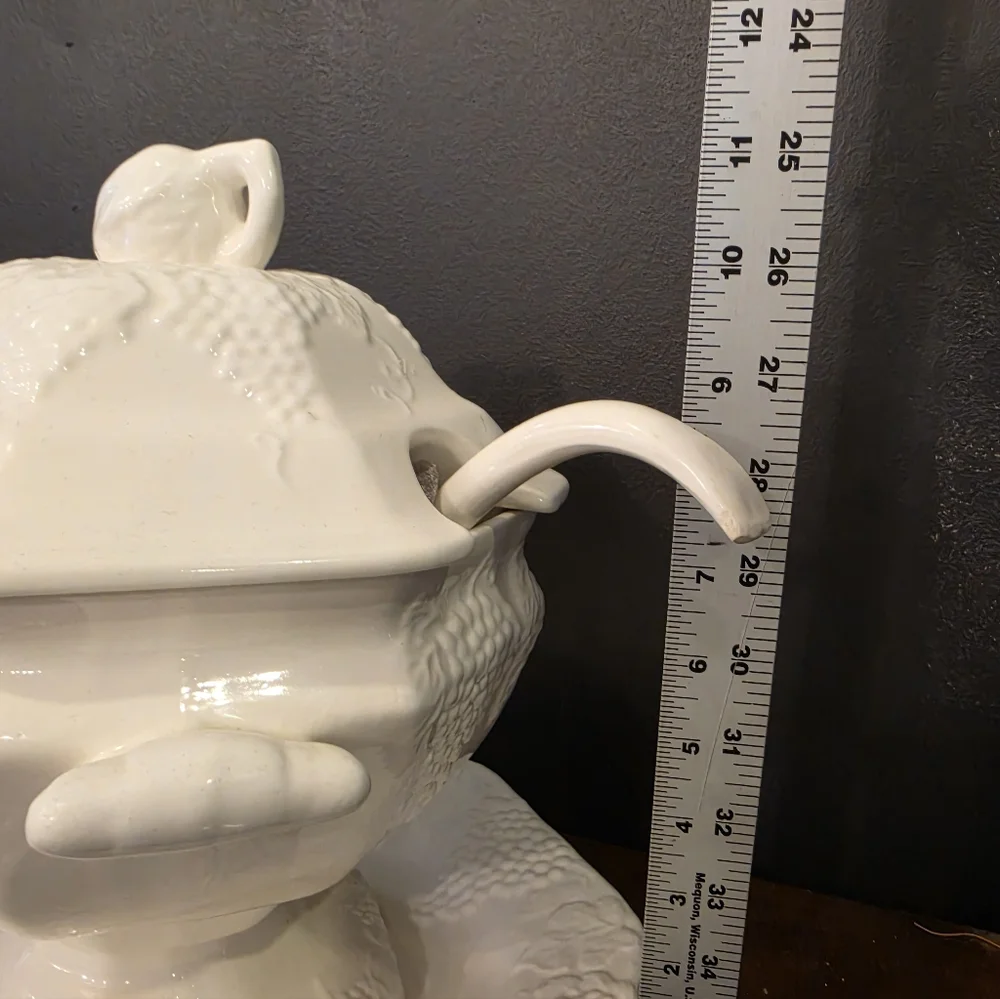 Large California Pottery Grapevine Soup Tureen Cream Ladle & Underplate Vintage